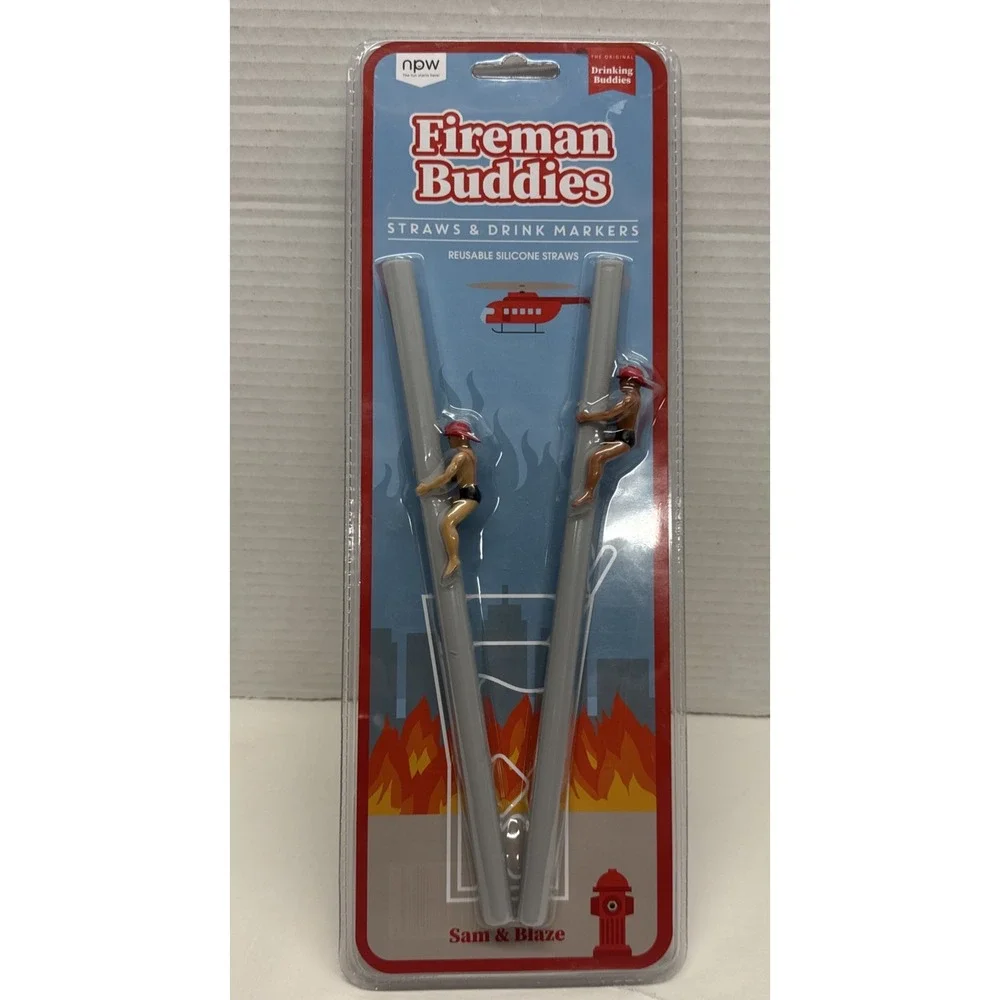 Fireman Straw Drinking Buddies Reusable Silicone Plastic 2 Count New Bachlorette